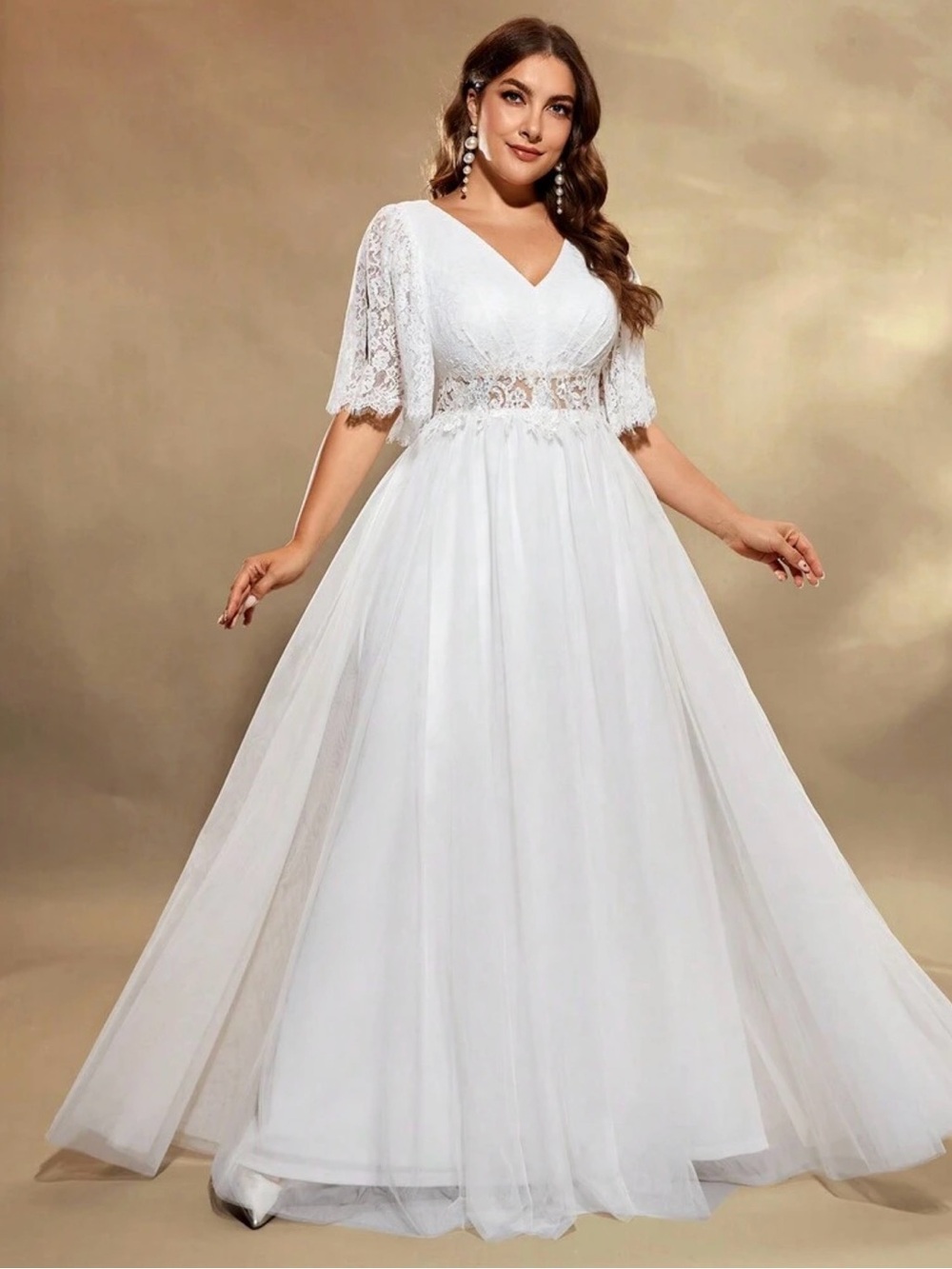 Elegant White Lace & Tulle V-Neck Wedding Gown Dress